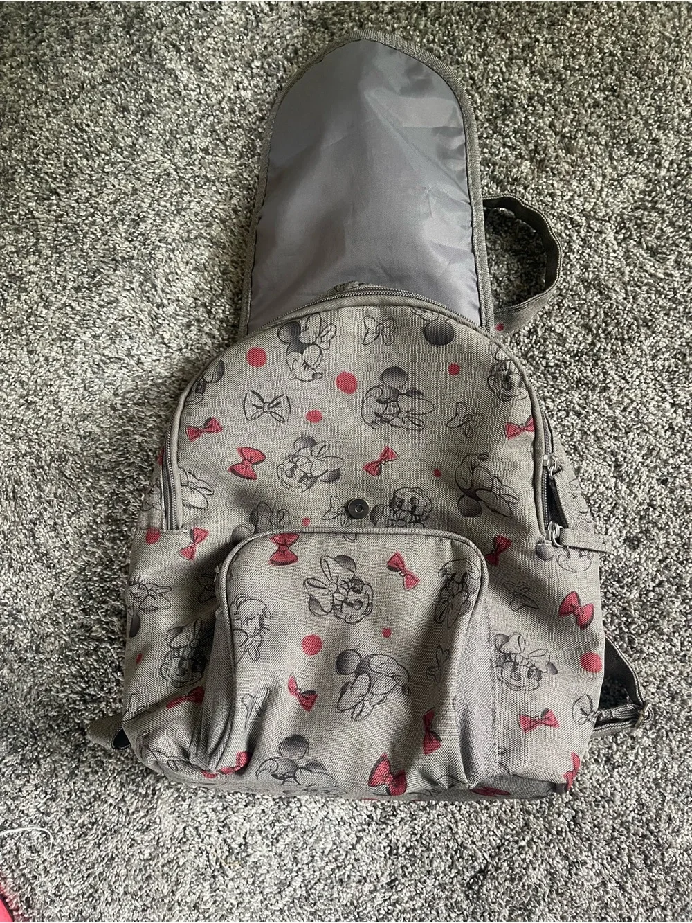 Disney Gray Minnie Mouse Print Backpack with Pink Accents